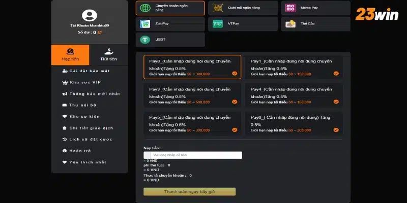 Tổng hợp các phương thức nạp tiền 23Win phổ biến